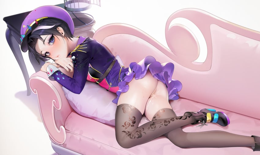 ass black_hair blue_eyes boots cage casey_(shining_star) couch cum dress hat nopan pussy shining_star short_hair thighhighs uncensored wntame