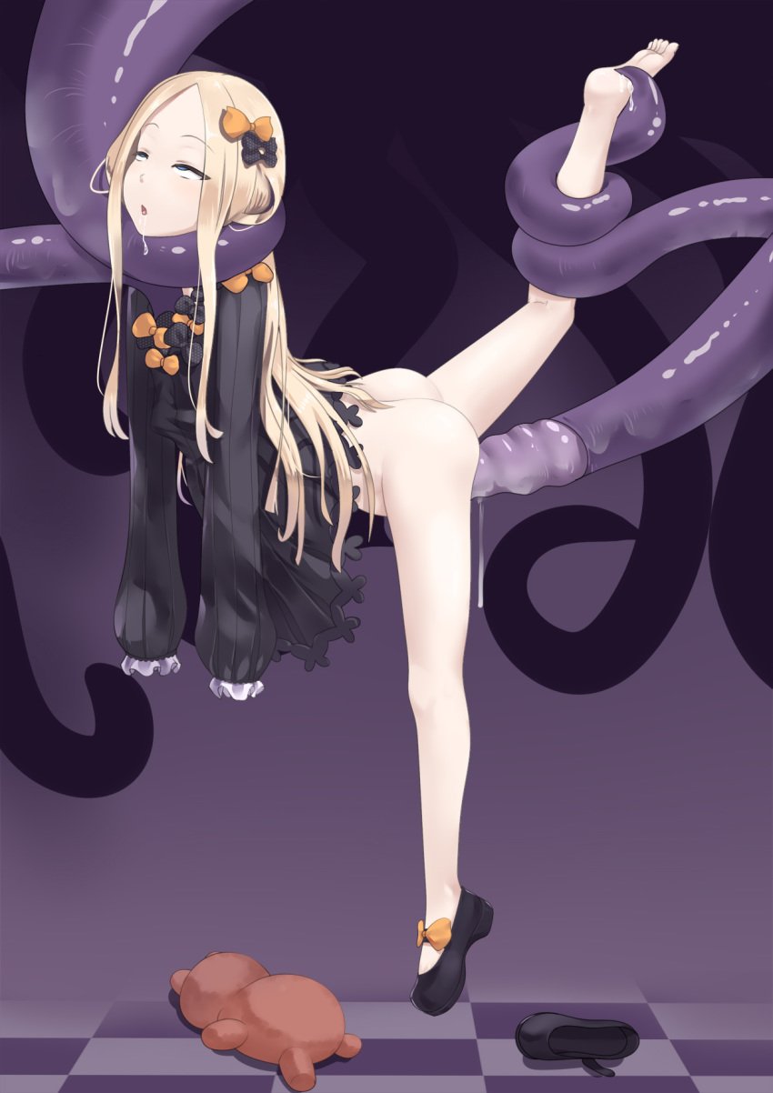 1girls abigail_williams_(fate/grand_order) ahe_gao asphyxiation ass barefoot black_dress blonde_hair bottomless breasts clothes clothing cum cum_inside dress drooling dying empty_eyes fate/grand_order fate_(series) feet female half-closed_eyes imminent_death interspecies leg_grab long_hair penetration purple_background rape restrained saliva sex shoes small_breasts soles spread_legs strangling stuffed_animal stuffed_toy suspension sweater teddy_bear tentacle tentacle_around_neck tentacle_sex toes vaginal_penetration