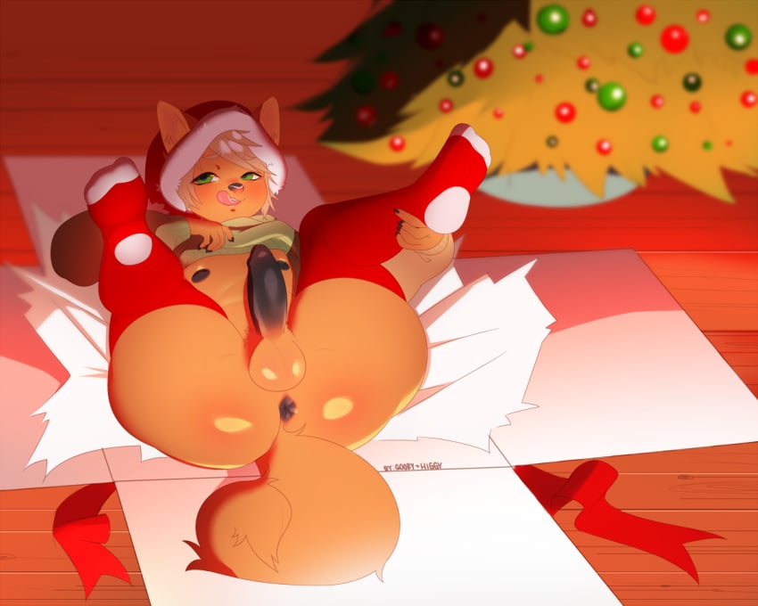 anthro anus balls canine christmas christmas_tree clothing crobat_(artist) erection hat holidays humanoid_penis legwear looking_at_viewer lying male male_only mammal nipples on_back penis santa_hat slightly_chubby solo thick_thighs thigh_highs tongue tongue_out tree