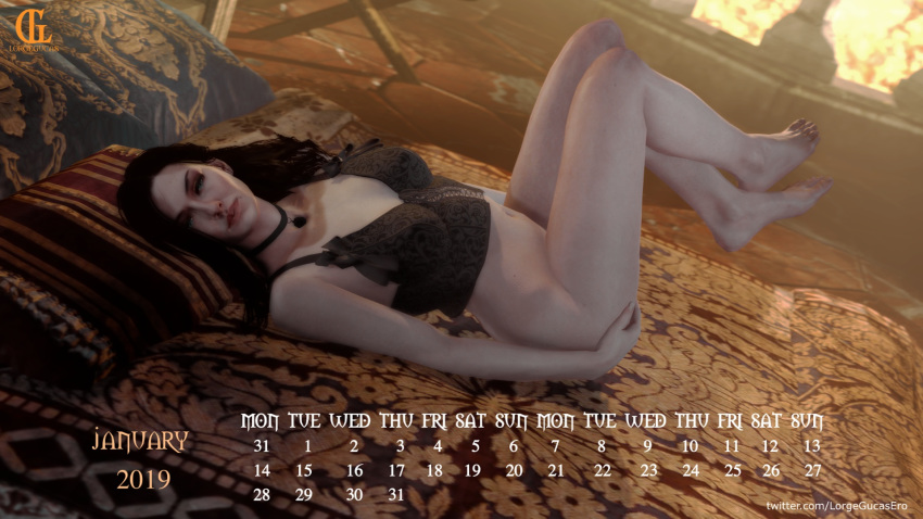 1girls 2019 3d barefoot bedroom black_hair blue_eyes calendar_(medium) cd_projekt_red choker collar eyeshadow female female_only goth hand_on_ass january_(month) kaer_morhen legs_up lingerie long_hair looking_at_viewer lorgegucas naughty_face on_bed pale-skinned_female petite purple_eyes purple_eyeshadow seductive_eyes seductive_look sfm slim solo sorceress sunset the_witcher_(series) the_witcher_3:_wild_hunt violet_eyes yennefer