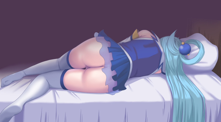 1girls aqua_(konosuba) artist_name ass bed big_ass big_butt bottomless dat_ass female_only frilled_skirt guma_(gumaguma228) guma_(gumaguma228) highres kono_subarashii_sekai_ni_shukufuku_wo! no_panties pussy skirt sleeping thighhighs