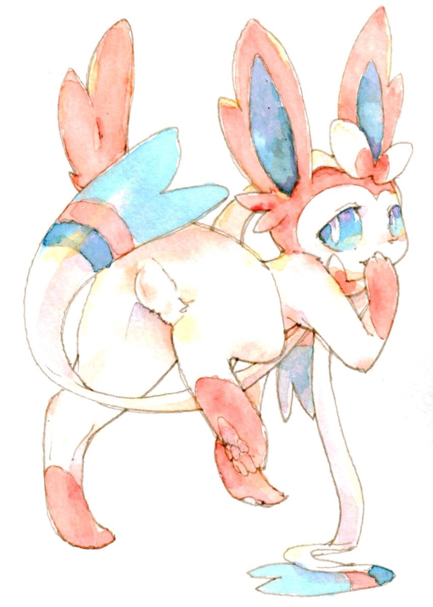 3_toes all_fours ass balls blue_eyes bow canine ears_up eeveelution feral fluffy fluffy_ears fluffy_tail long_ears looking_at_viewer looking_back male male_only male_sylveon mammal markings nintendo nude one_leg_up open_mouth pawpads pink_pawpads pink_tail pokémon_(species) pokemon presenting_balls rear_view ribbons socks_(marking) solo sylveon toes trem_trrn video_games