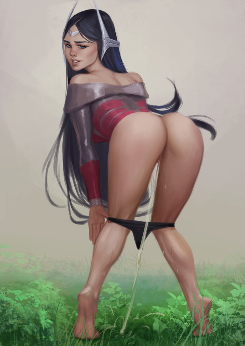 ass barefoot black_panties blue_eyes feet female female_only irelia_xan league_of_legends long_hair luccass open_mouth panties panties_around_legs panties_down peeing peeing_on_floor peeing_self pussy soles solo tiptoes toes urine