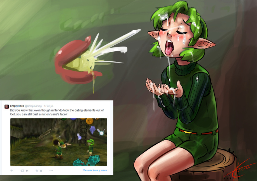 blush closed_eyes clothed clothing cum cum_in_hair cum_on_closed_eye cum_on_face cum_on_hand cumshot deku_nut ejaculation eltonel facial female fully_clothed green_hair hair humanoid kokiri nintendo ocarina_of_time open_mouth orgasm pointy_ears pun saliva saliva_string saria short_green_hair short_hair sitting solo the_legend_of_zelda tongue tongue_out twitter video_games