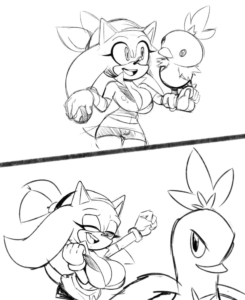 breasts combusken crossover cuisine female huge_breasts missphase monochrome pokemon rule_63 sketch sonic_(series) sonic_the_hedgehog sonique_the_hedgehog torchic