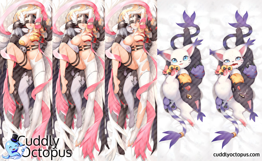 2girls angewomon animal_ears anus barefoot blackgatomon blacktailmon blonde_hair blue_eyes breast_grab breasts broken_helmet cat_ears claws dakimakura digimon dual_persona furry gatomon grabbing grey_hair grey_skin helmet kyuri_tizu ladydevimon leg_up looking_at_viewer multiple_girls nipples pussy red_eyes single_legging spread_legs tail tailmon whiskers yellow_eyes yuri