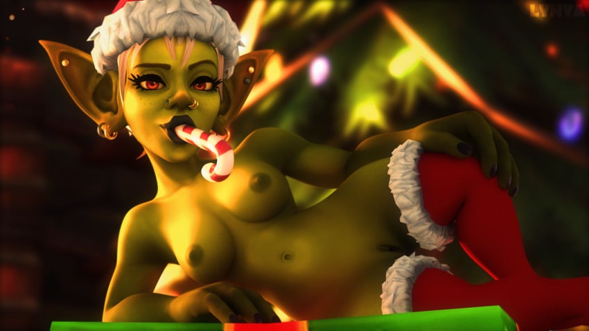 1girls 3d candy_cane christmas female female_only goblin goblin_female lynya object_in_mouth pointy_ears shortstack solo video_games warcraft winter_veil world_of_warcraft