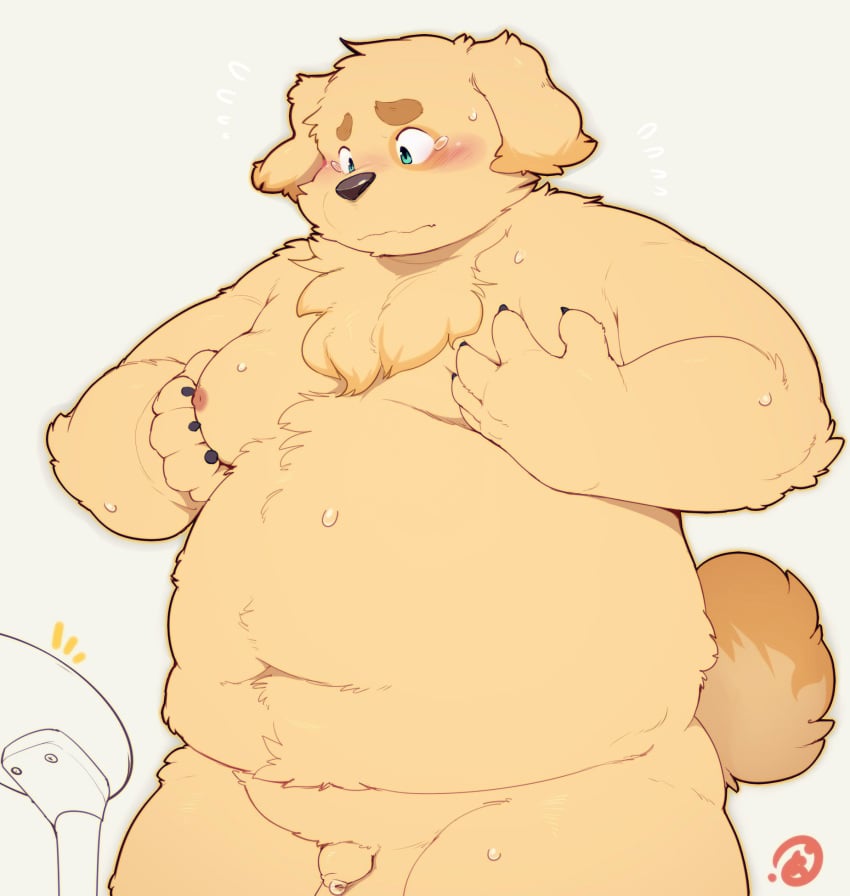 belly big_belly blush canine cusith flaccid foreskin hi_res male male_only mammal moobs navel overweight penis quanjiang small_penis solo superchub tokyo_afterschool_summoners video_games