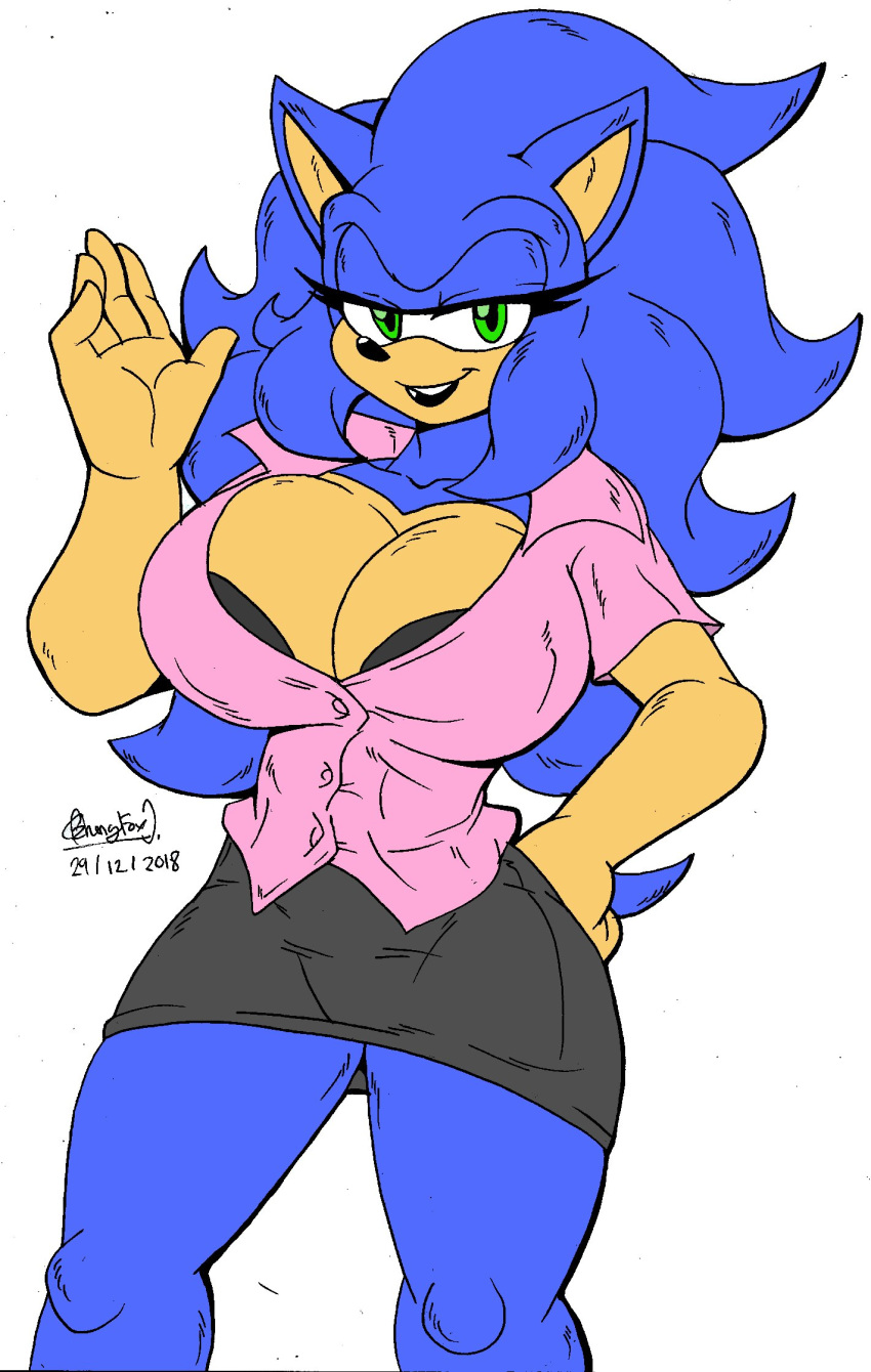 1girls 2018 akatsukishiranui-fox anthro big_ass blue_fur breasts cleavage clothed dated eyelashes female female_only furry green_eyes half-closed_eyes hand_on_hips hedgehog huge_breasts large_breasts rule_63 sega shirt skirt sonic_(series) sonic_the_hedgehog sonic_the_hedgehog_(series) sonique_the_hedgehog spikes text thick_thighs thin_waist watermark wide_hips zhengfox