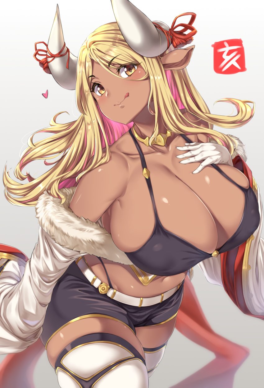 1girls belt big_breasts big_horns blonde_hair blush breasts bursting_breasts cleavage cow_girl cow_horns curved_horns dark-skinned_female dark_skin female female_only full_cleavage granblue_fantasy hand_on_chest hand_on_own_chest highleg highleg_panties horns kubira_(granblue_fantasy) large_breasts long_hair looking_at_viewer matching_hair/eyes midriff moisture_(chichi) navel nipple_bulge pink_hair shorts solo thick_thighs thighhighs thighs two_tone_hair white_background yellow_eyes