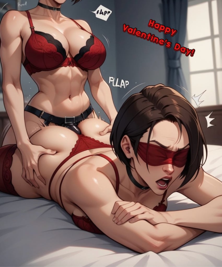 ada_wong ai_generated anal anal_sex ass_grab bedroom birdawg16 blindfold blindfolded collar jill_valentine lezdom lezsub lingerie lingerie_only moaning orgasm orgasm_face pounding_ass resident_evil strap-on strapon strapon_in_ass thrusting_into_ass valentine's_day yuri