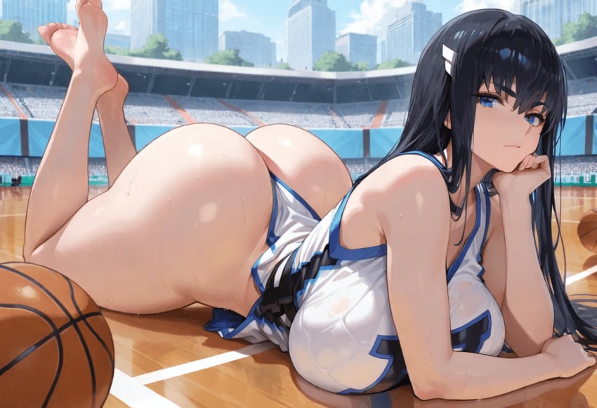 1girls ai_generated ass basketball basketball_uniform big_ass big_breasts black_hair breasts bubble_butt dat_ass female_only huge_ass huge_breasts kill_la_kill kiryuuin_satsuki krownedkueens light-skinned_female short_shorts shorts stadium tank_top thick_thighs thighs two_tone_clothing white_shirt white_shorts