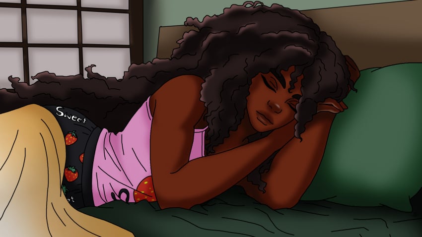 afro afro_hair black_hair black_skin dark-skinned_femboy dark-skinned_male dark_skin femboy femboy_only legends_of_the_written_realms male male_only sealixir sleep sleeping sleepwear tank_top tressari_manarah valy_gc