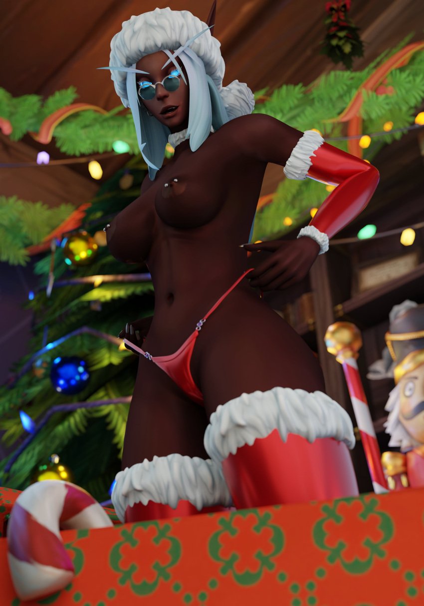 1girls 3d barbell_piercing big_breasts blizzard_entertainment blood_elf christmas dark-skinned_female dark_skin female female_only liana_(mrtaxman) mrtaxman nipple_piercing nude original_character pinup pubic_hair santa_hat solo thick_thighs thighhighs warcraft white_hair winter_veil world_of_warcraft