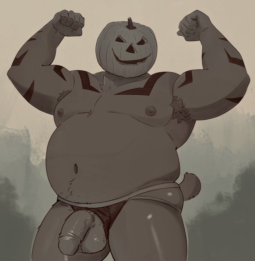 2024 anthro armpit_hair ass balls bear belly belly_hair biceps big_belly bodily_fluids body_hair chest_tuft clothed clothing clothing_aside dripping fist flaccid flexing flexing_bicep flexing_both_biceps food for_a_head fruit genital_fluids genitals halloween hi_res holidays jack-o'-lantern jockstrap jockstrap_aside jockstrap_only male mammal manly moobs musclegut muscular navel nipples object_head overweight penis plant precum precum_drip pumpkin pumpkin_head pumpkin_mask solo standing striped_body stripes topless tuft underwear underwear_aside underwear_only vein veiny_penis zcdartz