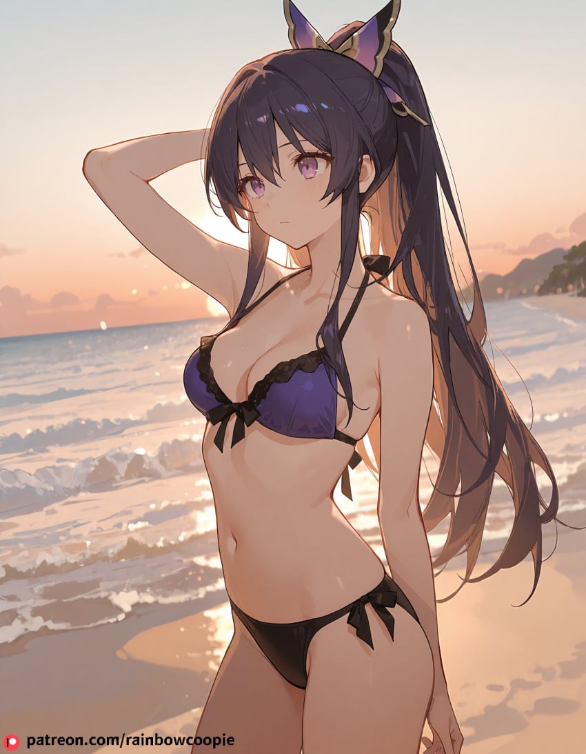 ai_generated beach beautfiul_background drunk hand_behind_head medium_breasts stunning_backgroud warm_breeze yatogami_tooka