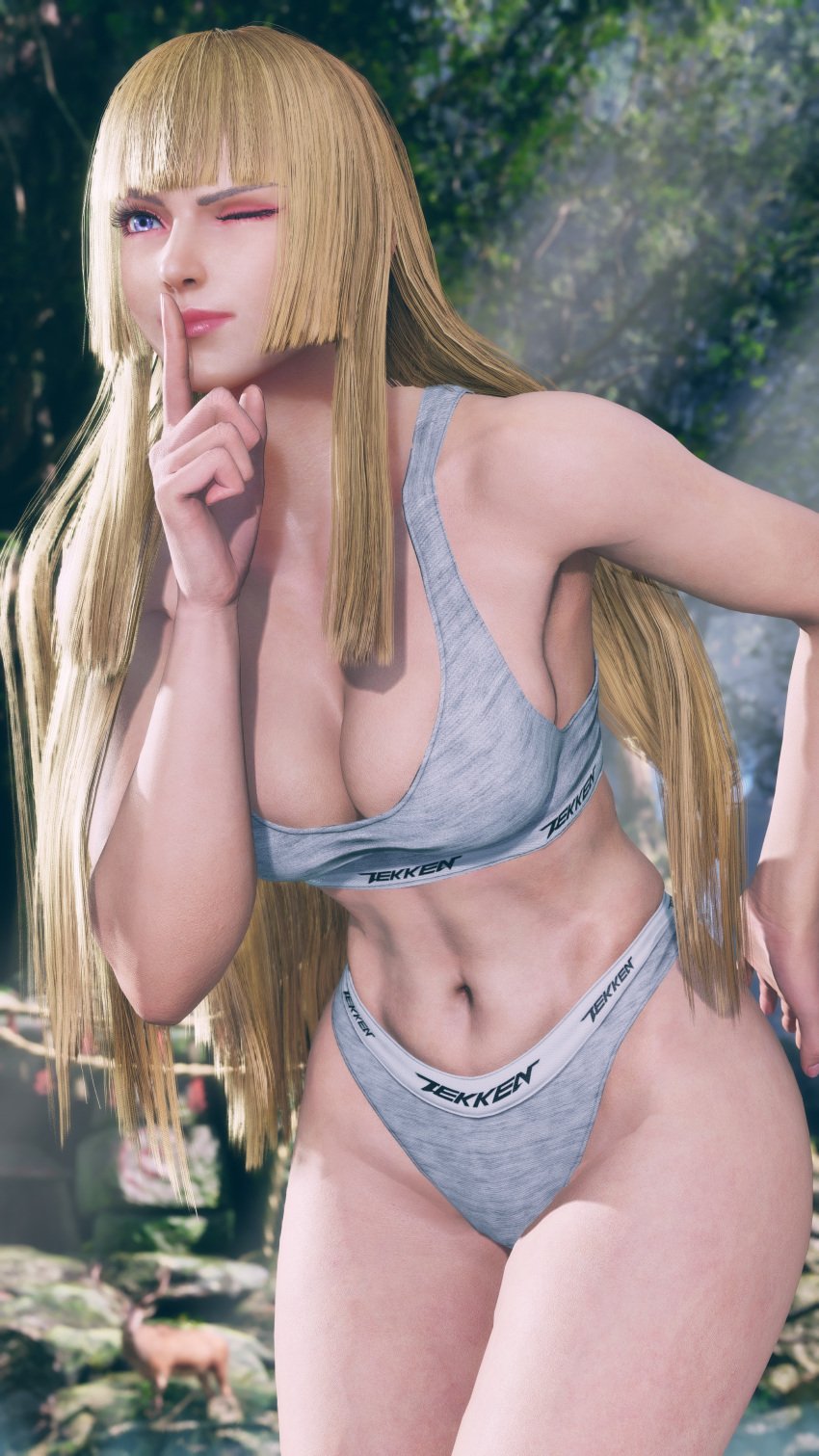 abs blonde_hair brand_name calvin_klein cleavage curvy emilie_de_rochefort female fit_female gameplay_screenshot hand_on_hip hime_cut huge_breasts large_breasts long_hair mod omegaxsmash panties purple_eyes sports_bra sportswear taller_female teasing tekken tekken_8 thighs underwear_only white_skin wink