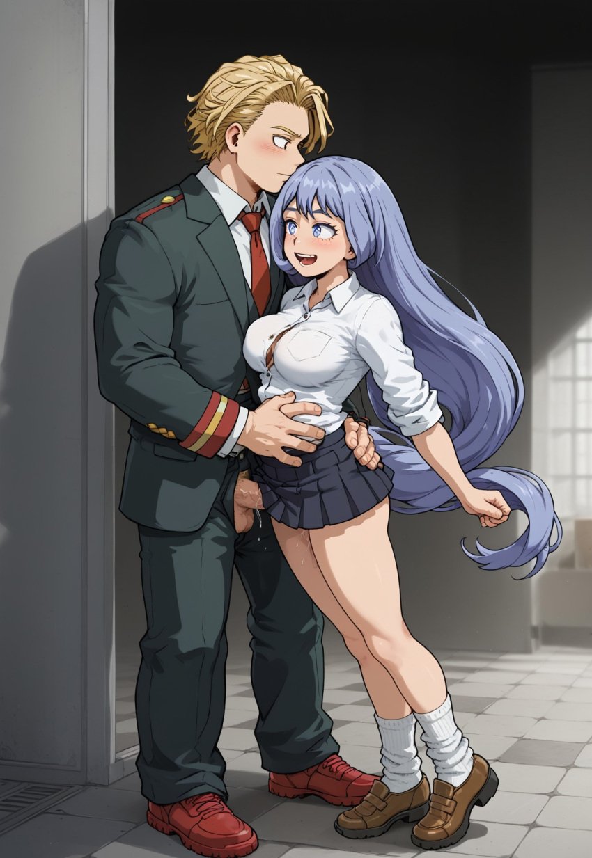 ai_generated blue_eyes blue_hair blush clothed clothing couple echodantalian embarrassed flirting girl holding_waist joyful light_blue_hair male/female miniskirt my_hero_academia nejire_hado penis penis_out penis_under_skirt sex shirt shy smile