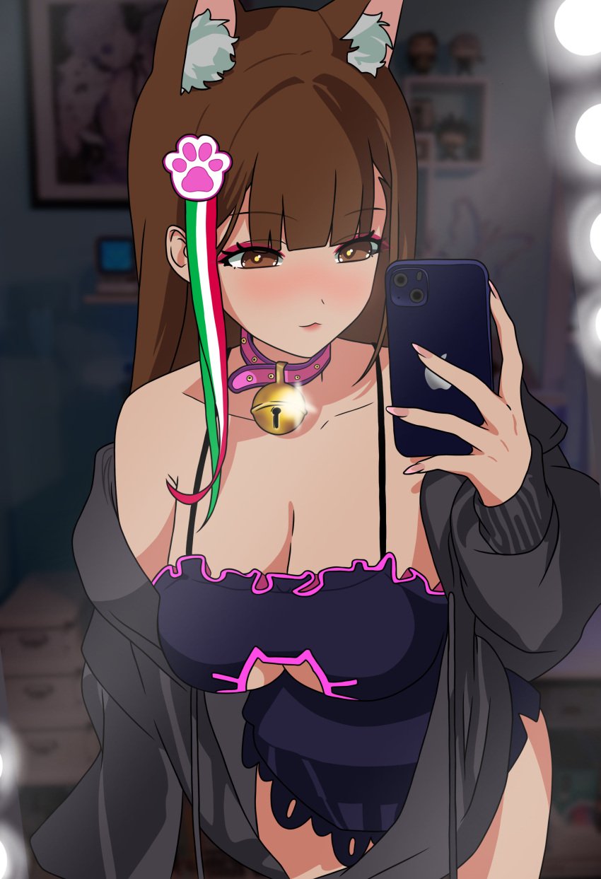 brown_eyes brown_hair cat_ears chilo_chan chilo_sports collar female hoodie hoodie_removed lingerie mexican_female mirror_selfie nekomimi