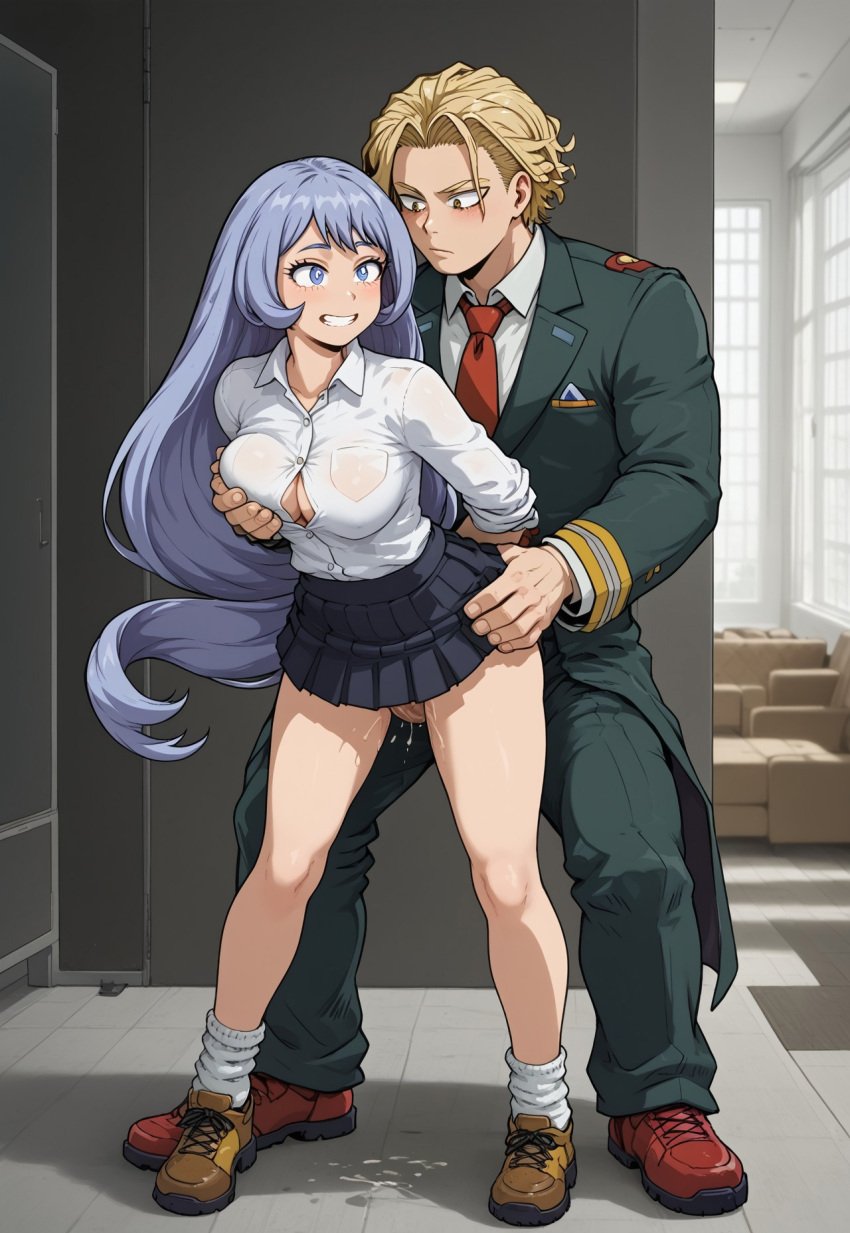 ai_generated blue_eyes blue_hair blush clothed clothing couple echodantalian embarrassed flirting girl holding_ass holding_breast light_blue_hair male/female miniskirt my_hero_academia nejire_hado sex shirt shy smile vaginal_sex