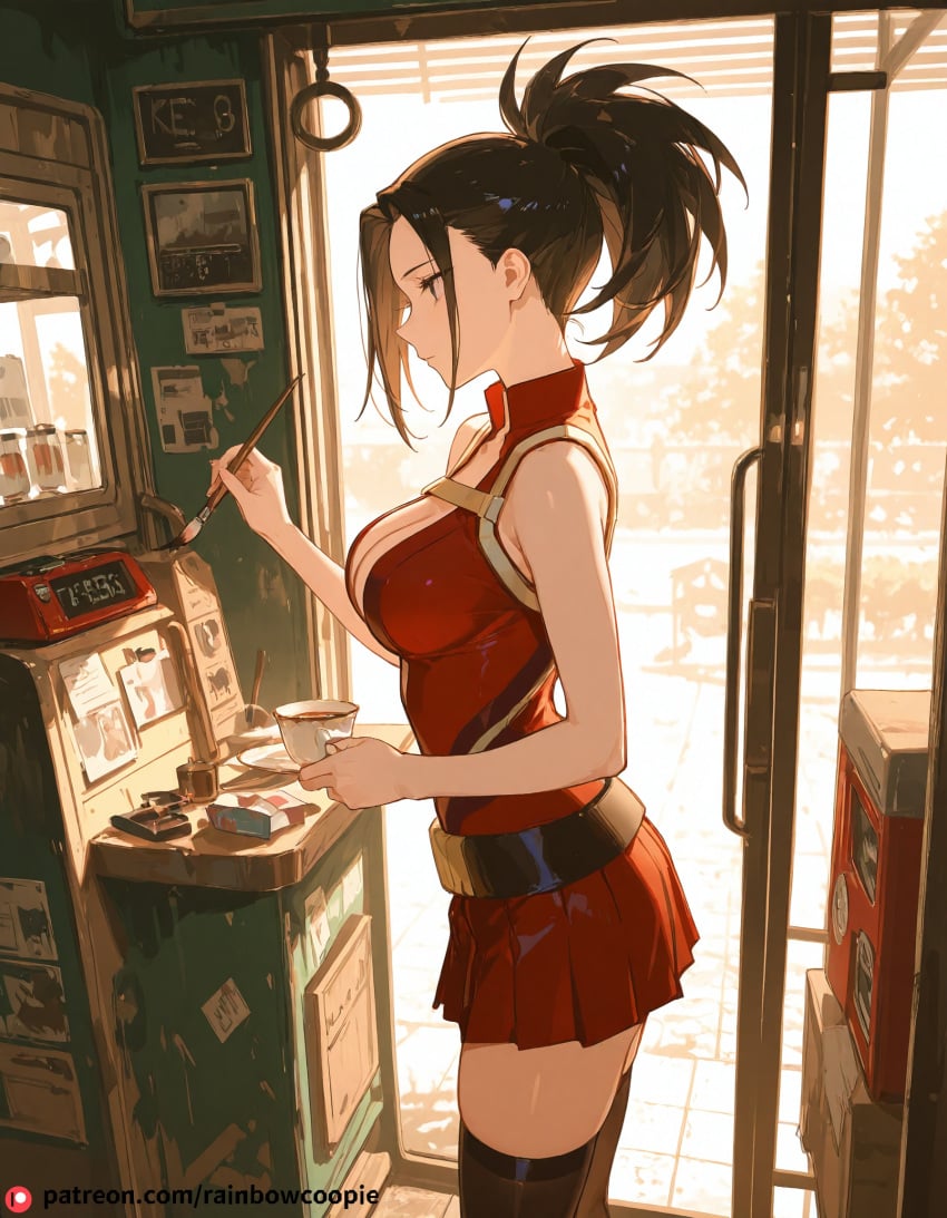 ai_generated beautfiul_background dusty frustrated gift_box large_breasts paintbrush phone_booth side_profile stunning_backgroud tea thighhighs yaoyorozu_momo