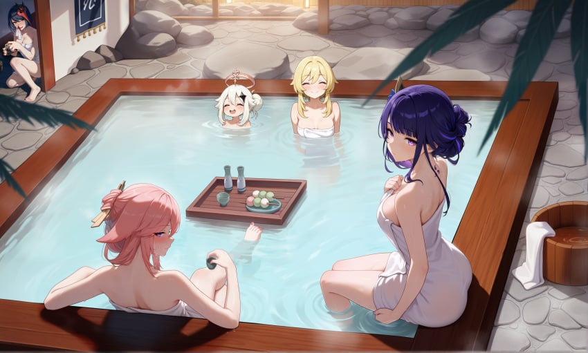 ai_generated genshin_impact hot_spring hoyoverse kujou_sara lumine_(genshin_impact) mihoyo onsen paimon_(genshin_impact) pink_hair purple_hair raiden_shogun towel voyeur wet wet_skin yae_miko yellow_hair