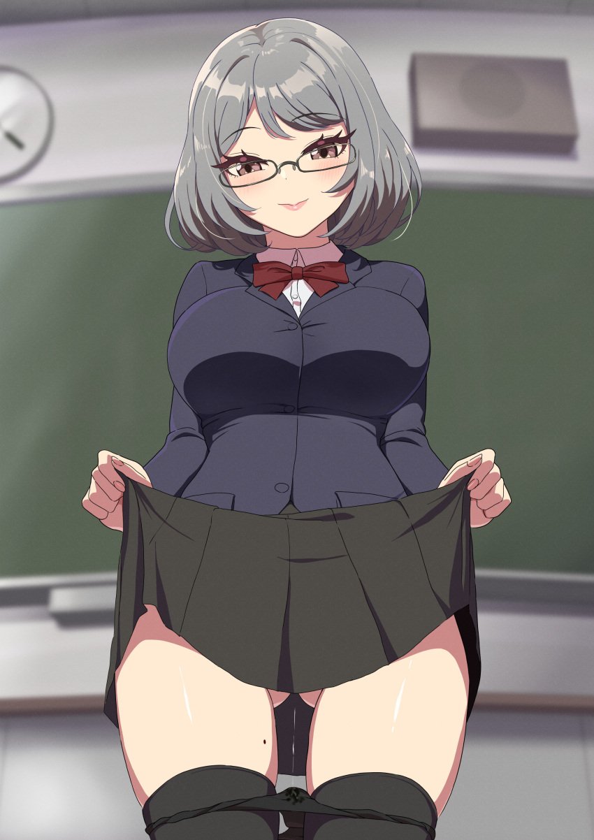 absurdres ass_visible_through_thighs black-framed_eyewear black_jacket black_panties black_thighhighs blazer blurry blurry_background bow bowtie breasts chalkboard classroom clock clothes_lift collared_shirt commentary_request female glasses grey_hair highres jacket large_breasts lifting_own_clothes long_sleeves looking_at_viewer mole mole_on_thigh original panties panty_pull red_bow red_bowtie sakamata_(sakamata4) school_uniform shirt skirt skirt_lift solo standing thighhighs thighs underwear white_shirt