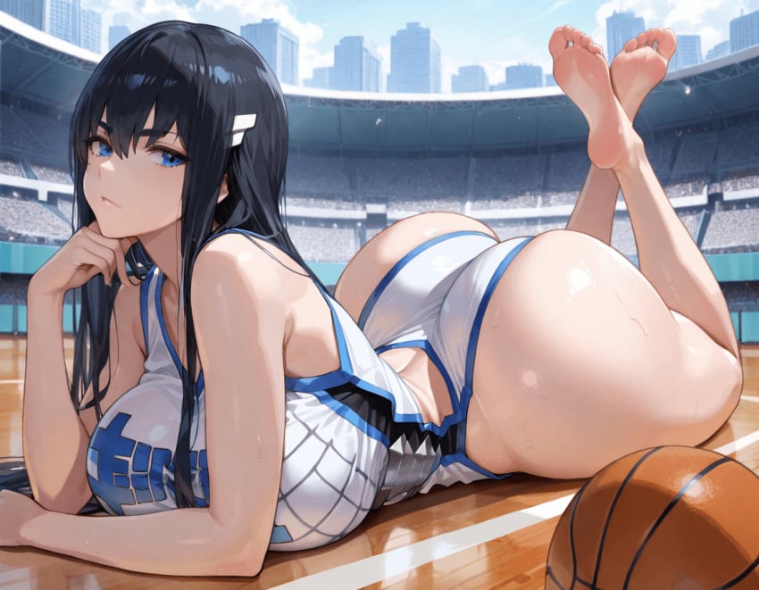 1girls ai_generated ass basketball basketball_uniform big_ass big_breasts black_hair breasts bubble_butt dat_ass female_only huge_ass huge_breasts kill_la_kill kiryuuin_satsuki krownedkueens light-skinned_female short_shorts shorts stadium tank_top thick_thighs thighs two_tone_clothing white_shirt white_shorts