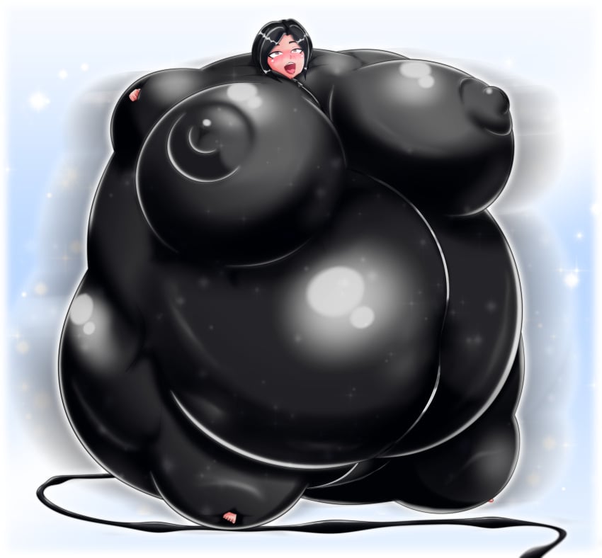 1girls ahe_gao ahe_gao ahegao_face areolae_visible_through_clothing ass_expansion belly_expansion big_areola big_ass big_belly big_breasts big_nipples black_bodysuit black_hair bodysuit breast_expansion expansion hose hose_in_butt hose_inflation imbapovi immobile inflation latex latex_bodysuit latex_suit light-skinned_female navel navel_visible_through_clothes nipples_visible_through_clothing sunken_head sunken_limbs tagme