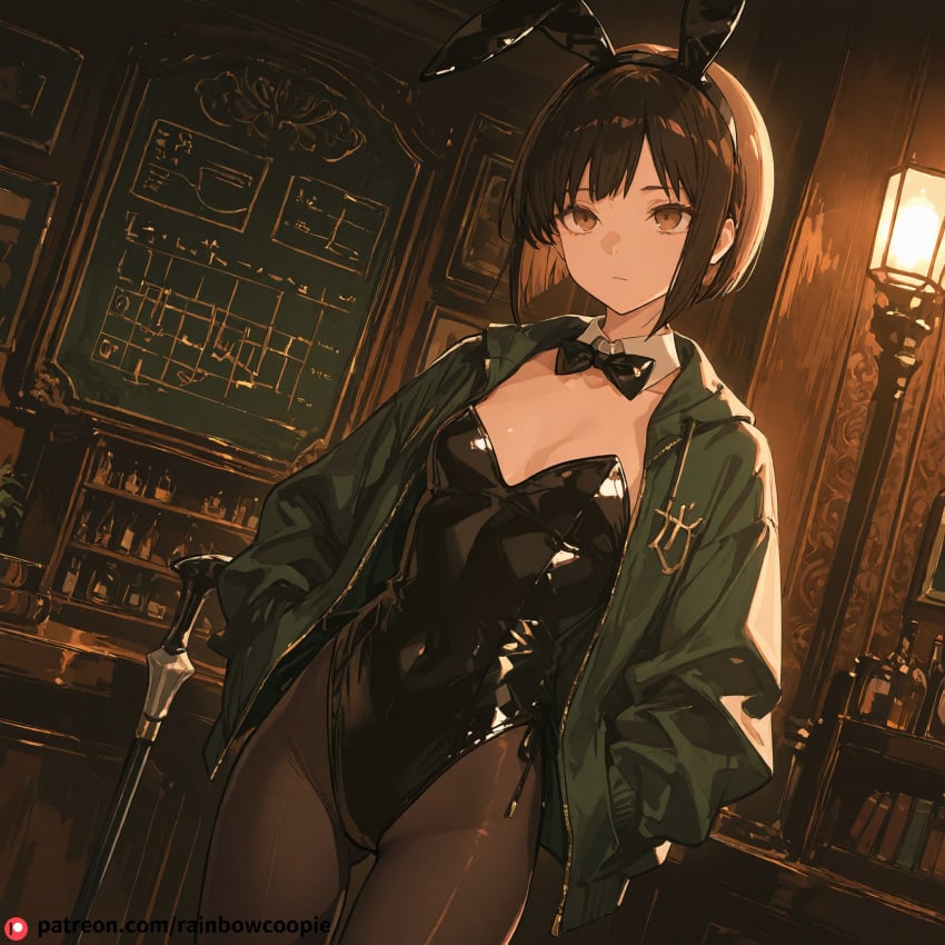 ai_generated brown_eyes bunnysuit cane chart dark_brown fair_skin female hands_in_pockets open_book rape_face sharp_features sharp_gaze short_bob_hair slightly_tousled_at_the_ends small_breasts straight_and_neat tall_and_slender tsunemori_akane wand