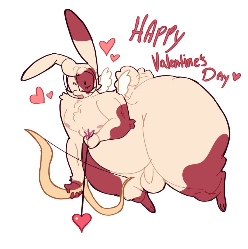 anthro artist_upload balls big_ass big_butt bow_and_arrow bubble_butt bunny cream_fur cupid fat_ass fat_belly femboy heart holding_object lopsalien oc original_character pink_fur plain_background rabbit ramsey_(lopsalien) solo tailwag text text_box valentine&#039;s_day wings wink