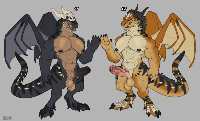 5_fingers abs anthro balls big_balls big_penis biped claws dragon duo erection fingers foreskin genitals hi_res horn humanoid_genitalia humanoid_penis lddraws male membrane_(anatomy) membranous_wings muscular muscular_anthro muscular_male mythological_creature mythological_scalie mythology pecs penis saggy_balls scalie simple_background tail uncircumcised vein veiny_penis wings