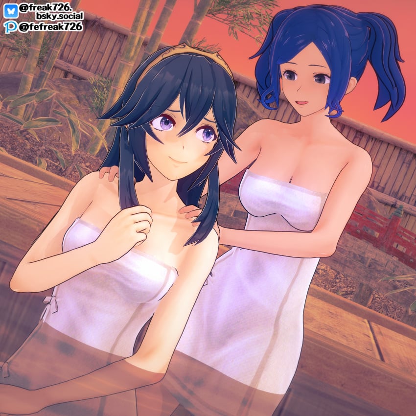 2girls 3d alternate_hair_color bamboo bare_arms bare_shoulders bath blue_eyes blue_hair brand_of_the_exalt breasts bridge cleavage collarbone cynthia_(fire_emblem) fefreak726 female female_only fire_emblem fire_emblem_awakening hands_on_another's_shoulders long_hair lucina_(fire_emblem) massage medium_breasts multiple_girls naked_towel nintendo onsen open_mouth outdoors plant pool short_hair shoulder_massage shoulders siblings sisters small_breasts smile standing sunset symbol-shaped_pupils tiara towel twintails