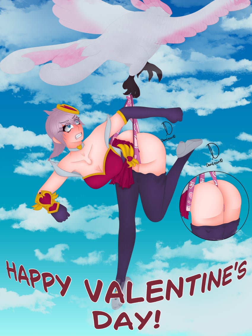 1girls bird black_pantyhose blue_eyes danileon10 dove embarrassed_underwear_female euf eufvalentine's_day hanging_wedgie heartseeker_quinn humiliation league_of_legends lilac_hair pattern_underwear pink_panties pleated_skirt quinn wedgie wedgied_female