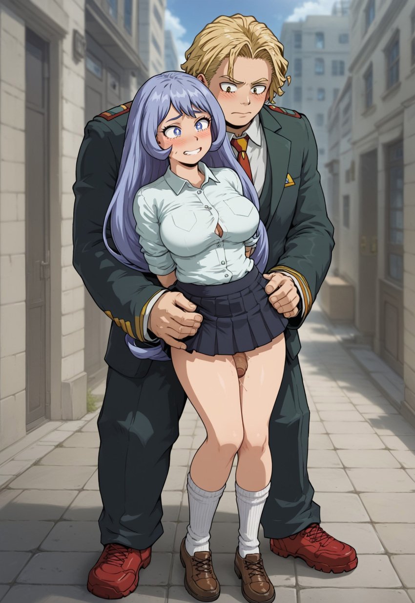 ai_generated blue_eyes blue_hair blush clothed clothing couple echodantalian embarrassed girl holding_waist light_blue_hair male/female miniskirt my_hero_academia nejire_hado penis_between_thighs shirt shy story