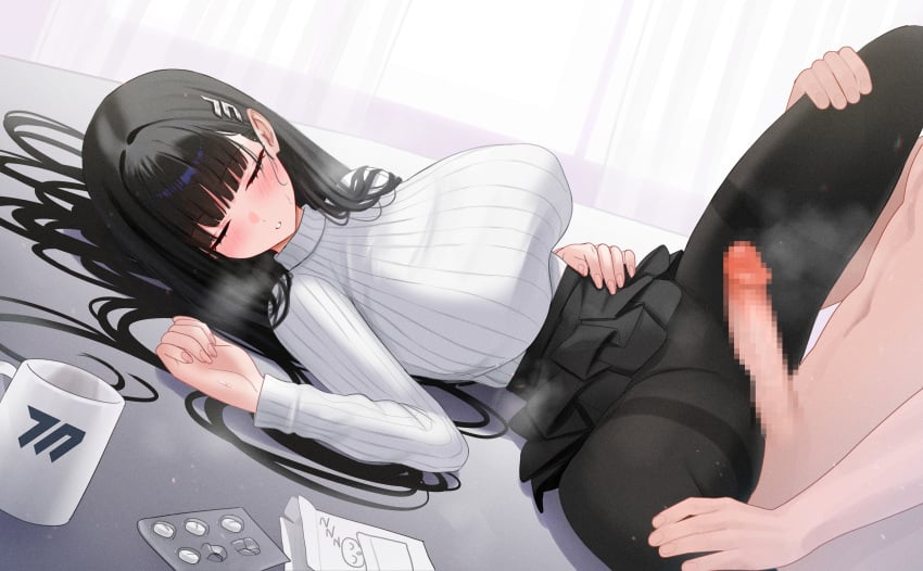 1boy absurdres black_hair black_pantyhose black_skirt blue_archive blush breasts censored closed_eyes clothed_female_nude_male commentary_request cup drugged facing_viewer female hair_ornament hairclip halo highres large_breasts long_hair long_sleeves lying mizikayo mosaic_censoring mug nude on_back pantyhose penis pill ribbed_sweater rio_(blue_archive) simple_background skirt sleep_molestation sleeping straight sweater thighband_pantyhose very_long_hair white_background white_sweater