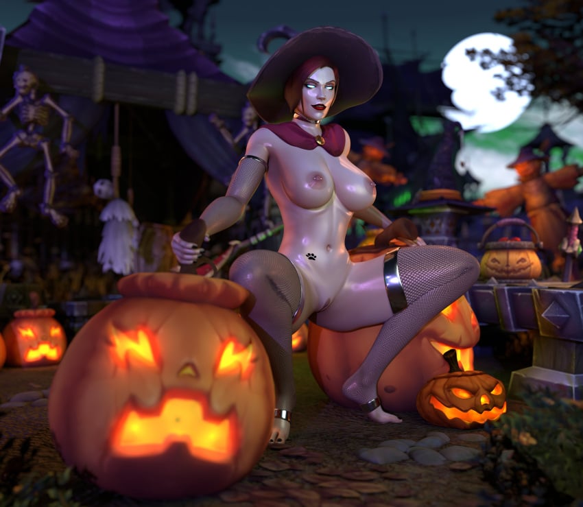 1girls 3d barbell_piercing big_breasts blizzard_entertainment death_knight female halloween human human_(world_of_warcraft) jack-o&#039;-lantern light-skinned_female light_skin mrtaxman nipple_piercing nude original_character paw_tattoo red_hair spread_legs squatting stockings tattoo thick_thighs vanessa_goonette warcraft witch_hat world_of_warcraft