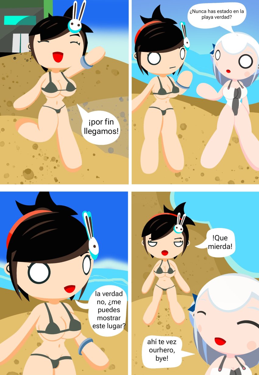 2girls beach big_breasts bikini comic_page full_color nude_female radio_gosha spanish_text