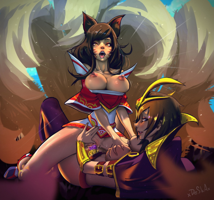 2girls ahri animal_ears areolae big_breasts breast_grab breasts clothing deska dildo duo female female_only insertion league_of_legends leblanc multiple_girls nipples open_mouth penetration strap-on strapon vaginal_insertion vaginal_penetration video_games yuri