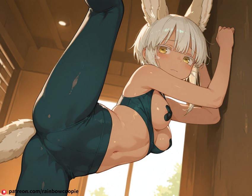 ai_generated blush breasts female light_blush looking_back made_in_abyss medium_breasts nanachi navel one_leg_up pasties sports_bra tail white_hair yellow_eyes yoga_pants