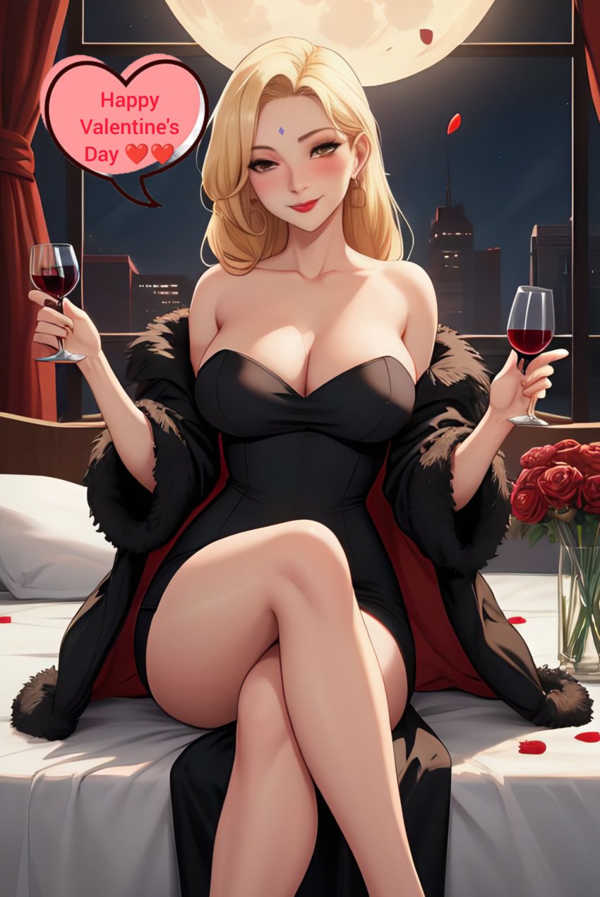 ai_generated big_breasts black_dress breasts cleavage coat curvy curvy_figure dh_lucky dress naruto naruto_(series) sitting sitting_on_person strapless strapless_dress tsunade valentine&#039;s_day