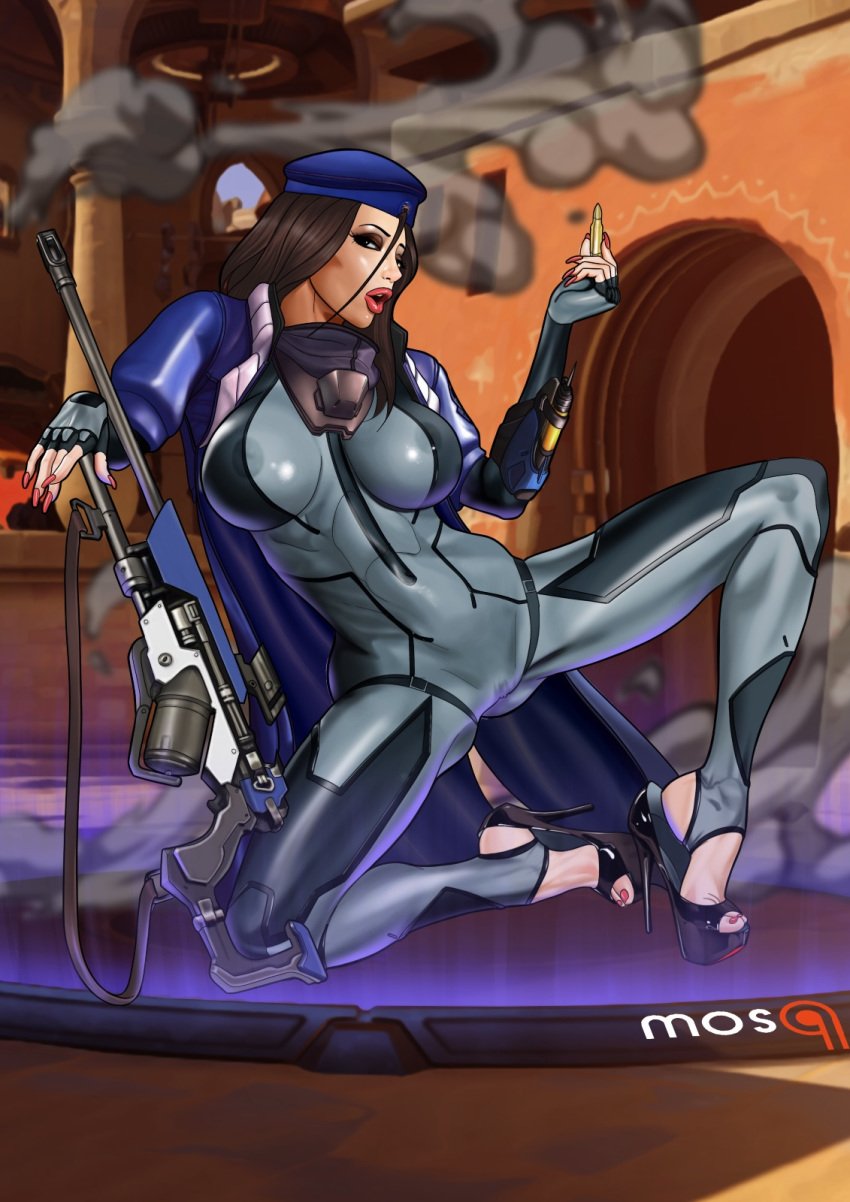 2d ana_amari beret blizzard_entertainment bullet captain_amari exposed_nipples feet high_heels mosq open_toe_shoes overwatch platform_heels red_toenails shooterm toenail_polish toes