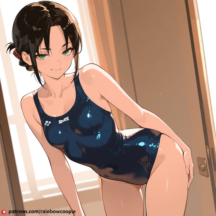 ai_generated bending_forward katori_batsuunsai one-piece_swimsuit small_breasts smirk umbrella