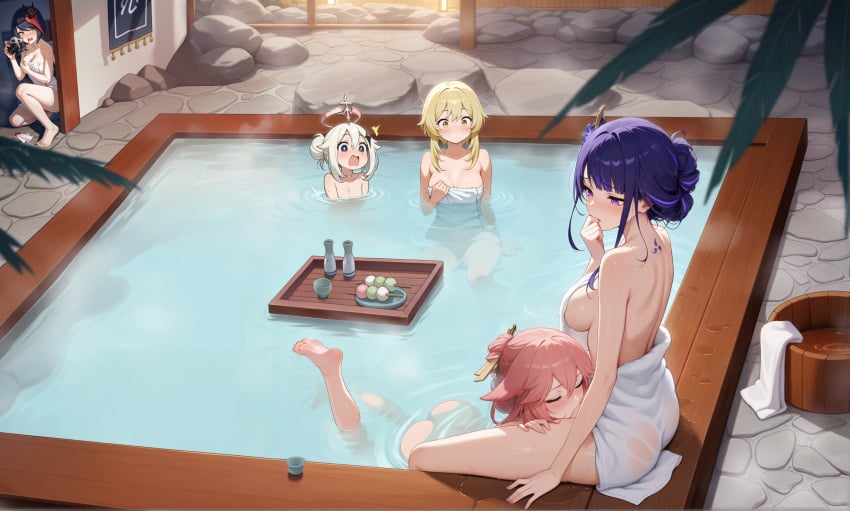 cunnilingus genshin_impact hot_spring hoyoverse kujou_sara lesbian_couple licking licking_pussy lumine_(genshin_impact) mihoyo onsen paimon_(genshin_impact) pink_hair purple_hair raiden_shogun sucking sucking_pussy voyeur wet wet_skin yae_miko yuri