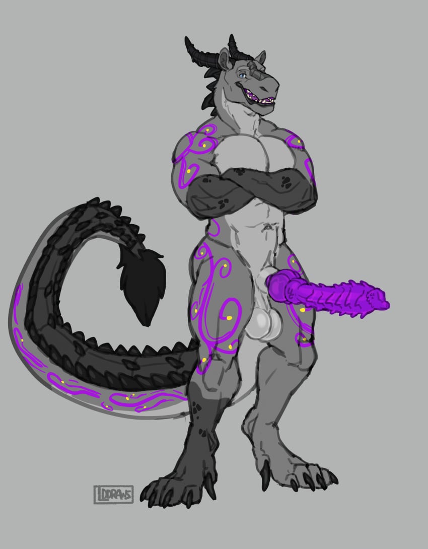 anthro balls big_penis biped countershade_torso countershading crossed_arms dragon erection genitals hi_res horn huge_cock knot lddraws male muscular muscular_anthro muscular_male mythological_creature mythological_scalie mythology pecs penis purple_penis ren_stihlwater scalie simple_background solo tail