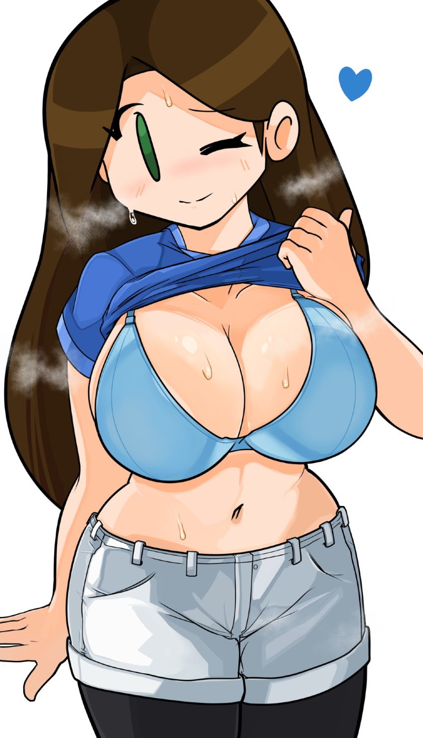 aroused blue_bra blush brickshoes closed_mouth flashing flashing_breasts heart huge_breasts original original_character presenting_breasts shadowleggy shirt_lift smile someone_else&#039;s_oc steam sweat sweaty very_sweaty