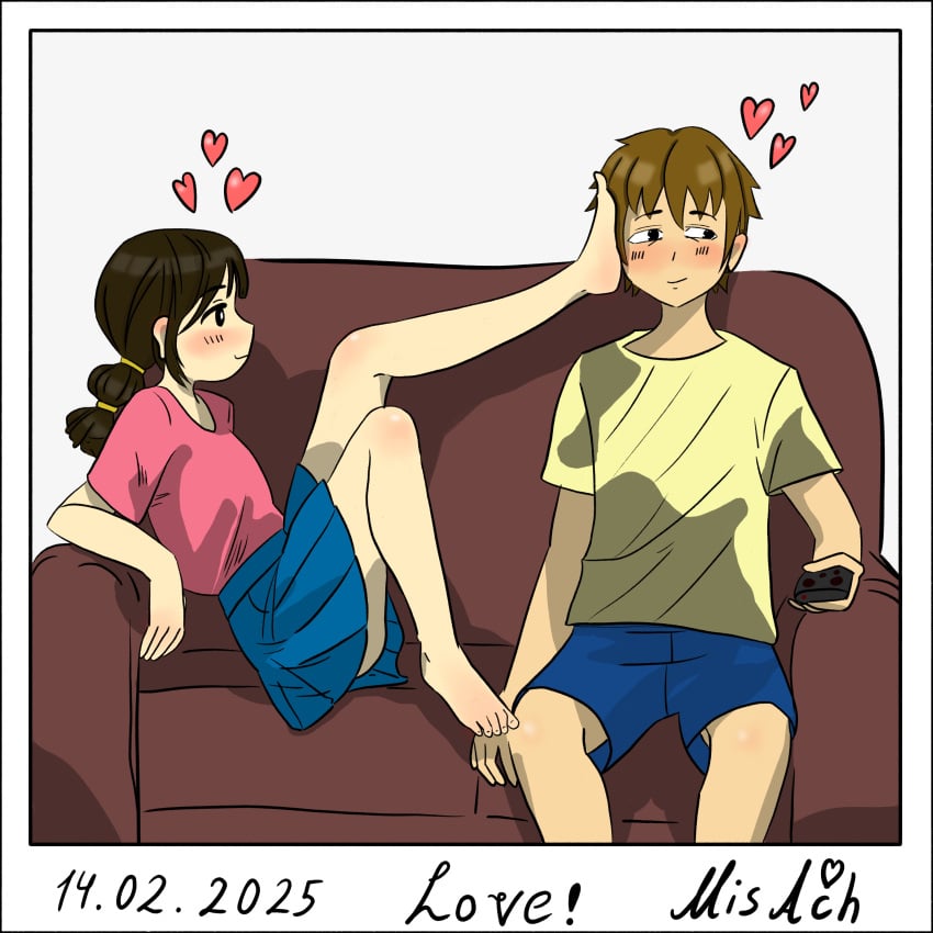 1girl1boy absurdres artist_request barefoot blush couch couch_sitting couple cute feet feet_up foot_fetish foot_focus foot_on_face foot_play foot_worship highres no_sex original_character relationship_goals romantic_couple teasing valentine's_day wholesome