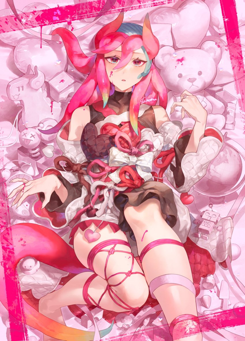 aesthetic apron big_breasts blue_hair green_eyes green_hair heart huge_breasts huge_thighs humanoid lovecore oc_(sakoku) orange_hair pink_hair pink_skin red_hair red_skin ribbon sakoku shin_(sakoku) sweets thighs valentine's_day yellow_eyes yellow_hair