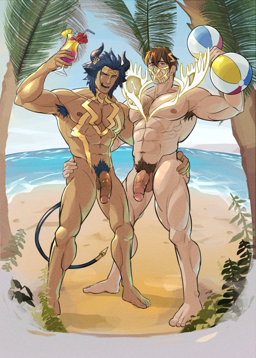 2boys abs absurdres animal_ears antlers armpit_hair askr_(fire_emblem) bara beach blue_eyes blue_hair brown_eyes brown_hair chest_hair commentary commission completely_nude cow_boy cow_ears cow_horns cup dark-skinned_male dark_skin dumart_(dunbans) eikthyrnir_(fire_emblem) fire_emblem fire_emblem_heroes glowing_antlers hand_on_another's_hip highres holding holding_cup horns large_pectorals looking_at_viewer male_focus male_pubic_hair mask mouth_mask multiple_boys muscular muscular_male nipples nude ocean pectorals penis pubic_hair short_hair solo_male tail testicles variant_set yaoi