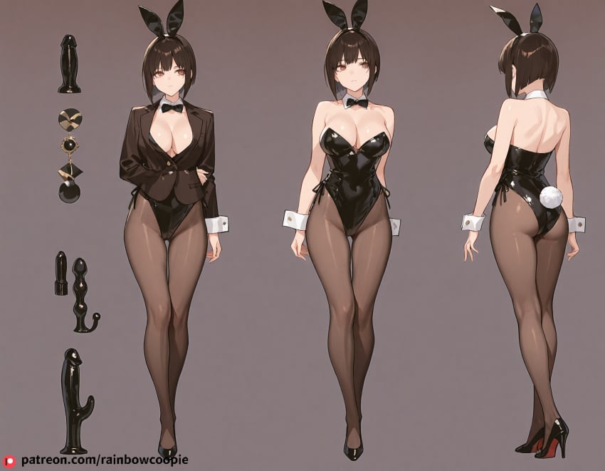 ai_generated brown_eyes bunnysuit cowgirl_sex crazy dark_brown dildo fair_skin female jewel_butt_plug large_breasts model_sheet several_boys sharp_features sharp_gaze shivering short_bob_hair slightly_tousled_at_the_ends straight_and_neat tall_and_slender tsunemori_akane